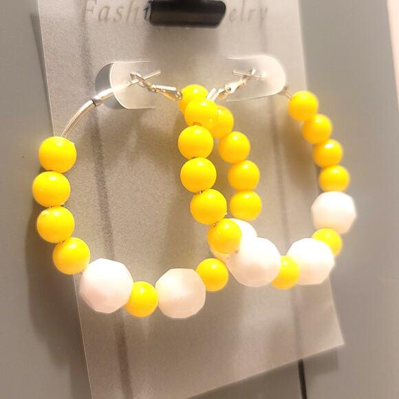 Yellow White Hoop Earrings 2" Retro Bold Funky Y2K Festival Pierced 80's Acrylic - Picture 5 of 6